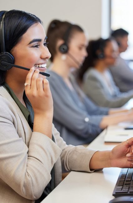 Call center, profile and woman with headset, support and communication in office with pride. Happy, female person and telemarketing agent for deal, consulting and smile for customer service at desk